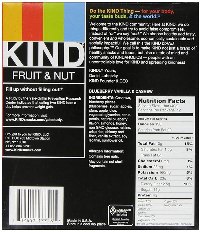 KIND Bars, Blueberry Vanilla Cashew, Healthy Snacks, Gluten Free, 5g Protein, 12 Count