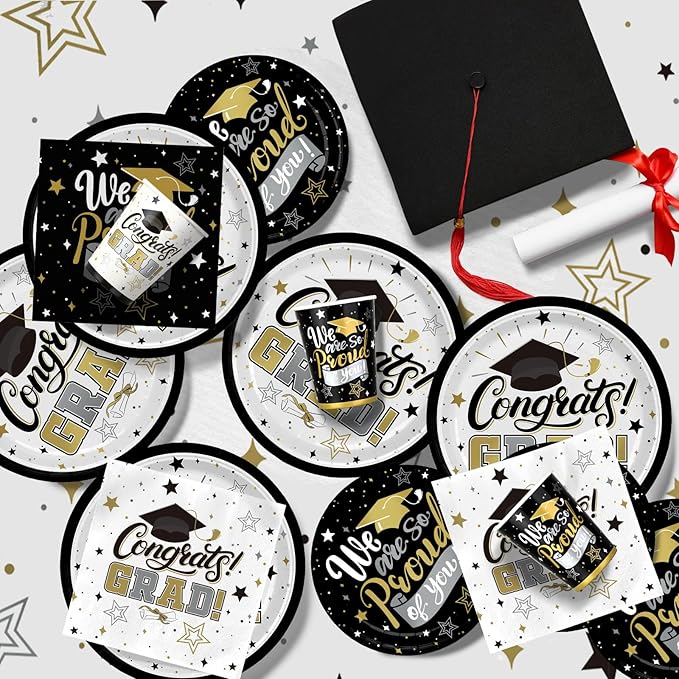 Graduation Decorations 2025 Black and Gold Grad Party Supplies with Disposable Plates, Napkins, Tablecloth, Cups and Congrats Grad Banner for 24 Guests - Graduation Party Decorations