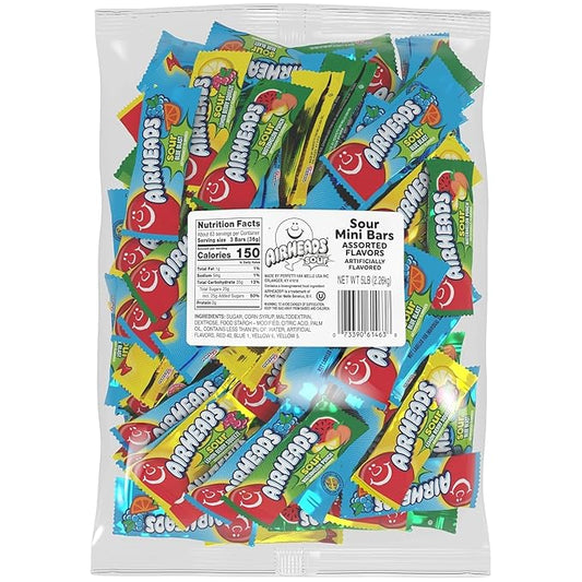 Airheads Sour Mini Halloween Trick or Treat Taffy Candy Bars, Watermelon Punch, Blue Blast & Lemon Berry Squeeze, Individually Wrapped Candy for Adults & Kids, Party Favors, 5lb Bulk Bag