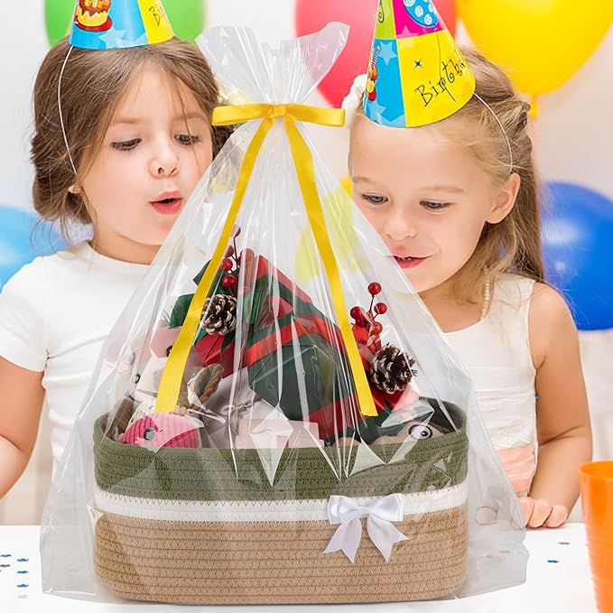 OIAHOMY Large Woven Storage Basket with Handles for Nursery Living Room Shelves, Bow Basket for Gifts Empty with Gift Bags and Ribbons for Baby Showers Pet Toy Bin - Light Green & Yellow