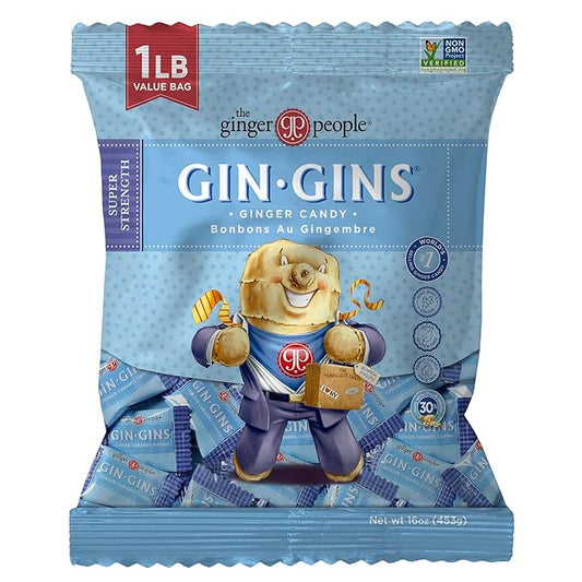 GIN GINS Super Strength – Natural Ginger Candy by The Ginger People – Individually Wrapped Healthy Candy – Super Strength Flavor – Large 1 lb Bag (16oz) – Pack of 1