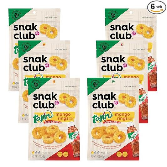 Snak Club Tajin Mango Rings Gummy Candy, Fruit Candy Gummies with Chili and Lime Seasoning, Mild, Gluten-Free and Vegan Snacks, 5 oz Resealable Bags, 6 Pack