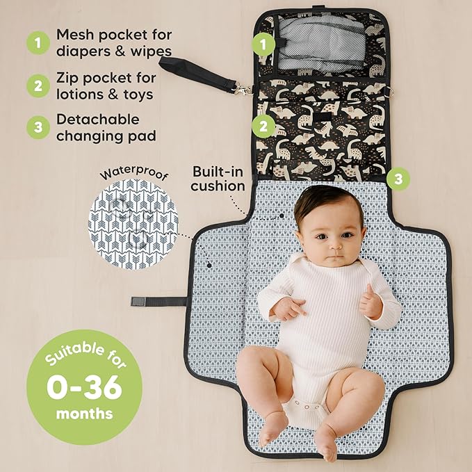 KeaBabies Portable Diaper Changing Pad - Large Waterproof Baby Changing Mat, Compact Travel Diaper Clutch, Functional Pockets Fit Newborn Essentials, Wipeable & Padded Baby Changer (Dino Ridge)