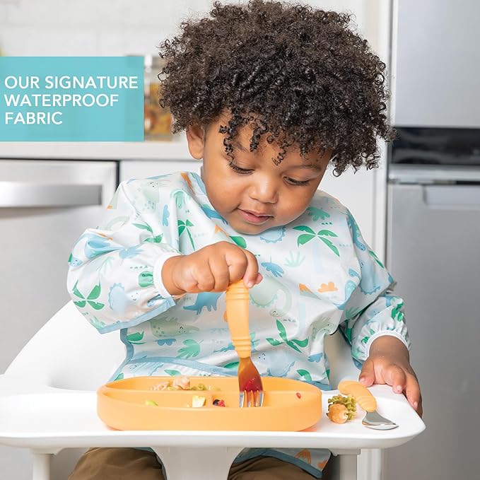 Bumkins Sleeved Bib for Girl or Boy, Baby and Toddler for 6-24 Mos, Essential Must Have for Eating, Feeding, Baby Led Weaning Supplies, Long Sleeve Mess Saving Food Catcher, Fabric, Dinosaur Gray