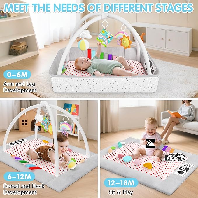 Baby Play Gym Mat Tummy Time Mat Activity Center for Newborn Infant Gifts Babies Shower Gifts for Boy Girl Baby 0-3-6-9-12 Months Skill Development Newborn Infant Babies Essentials Gifts