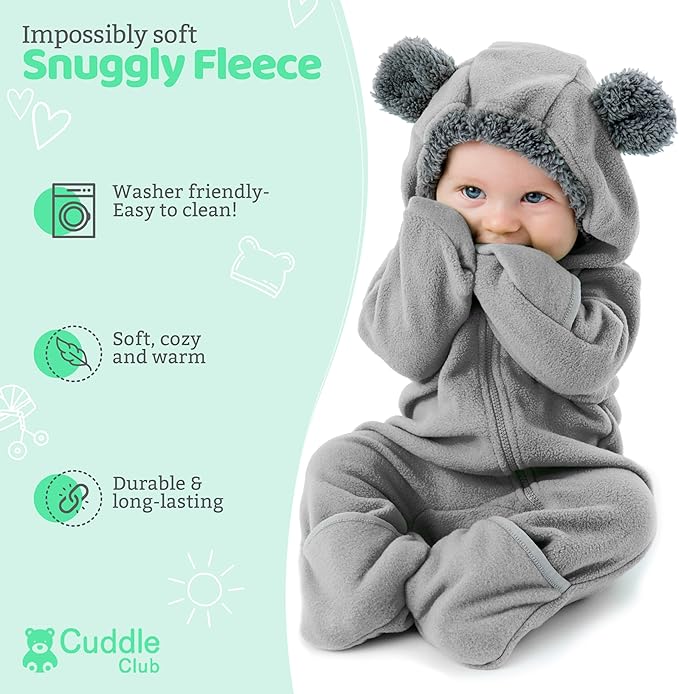 Cuddle Club Fleece Baby Bunting Bodysuit with Hood, Convertible Mittens & Booties, Car Seat Friendly, Soft & Warm, Easy Zip