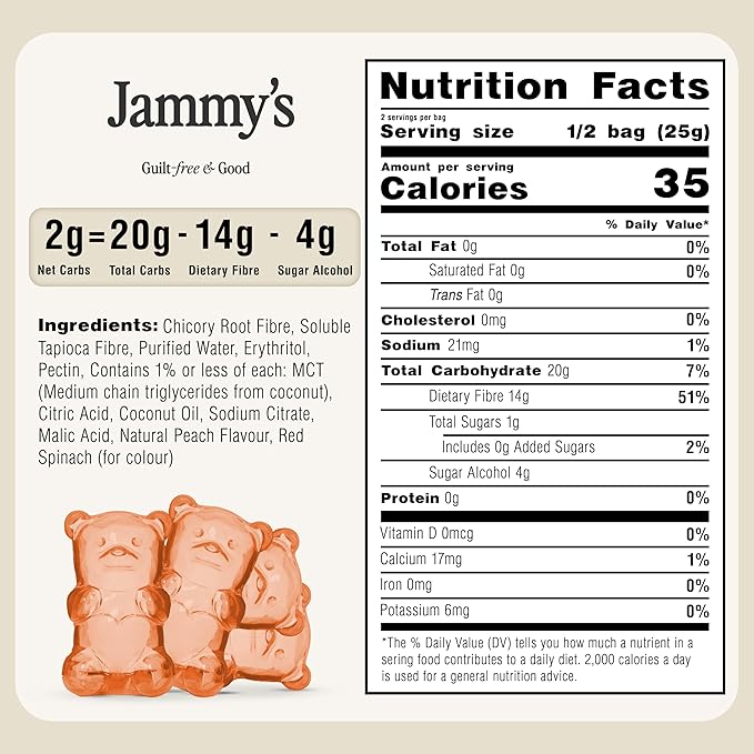 Jammy's™ - Peach Gummy Bears | Sugar-Free & Vegan-Friendly | Keto-Friendly, Gluten-Free, Low Carb, High Fibre & Naturally Fruity | Delicious, Soft & Chewy | Box of 6 x 50g Bags