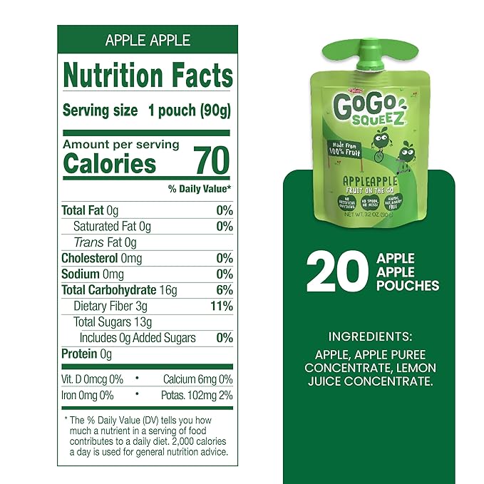 GoGo squeeZ Applesauce and Fruit Puree, Apple Apple, 3.2 oz (Pack of 20), Unsweetened Fruit Snacks for Kids, Gluten Free, Nut Free and Dairy Free, Recloseable Cap, BPA Free Pouches