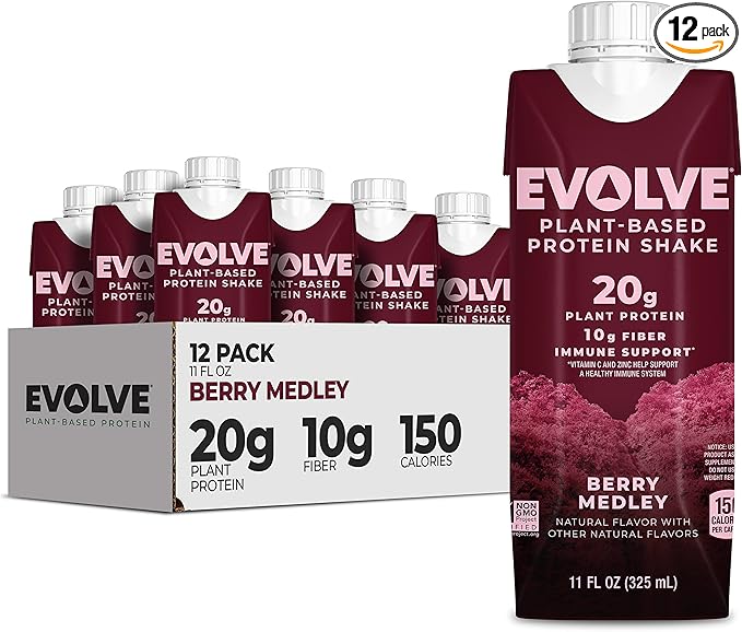 Evolve Plant Based Protein Shake, Berry Medley, 20g Vegan Protein, Immune Support, Vitamin C & Zinc, Dairy Free, No Artificial Sweeteners, Non-GMO, 10g Fiber, 11oz, (12 Pack) (Formula May Vary)