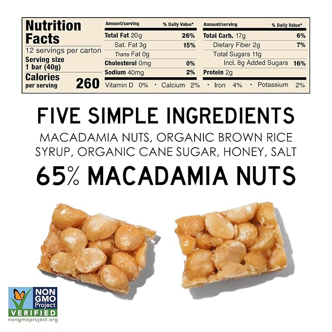 South 40 Snacks Crunchy Macadamia Nut Bar, Just 5 Ingredients, Touch of Honey (40g Bar, Pack of 12)
