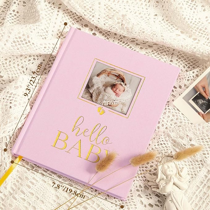 Lanpn Newborn Baby Memory Book, Baby First 5 Year Keepsake Gift with DIY Window, Linen Baby Memories Journal Scrapbook Photo Book, Baby Milestone Album for Boy Girl New Parents (Pink, 154 Pages)