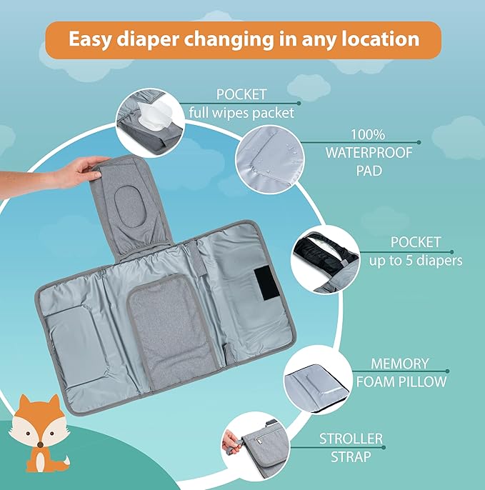 Lil Fox Portable Changing Pad - One-Hand Diaper Change Pad for Baby Diaper Bag or Changing Table. Unisex Baby Shower Gifts, Newborn Essentials
