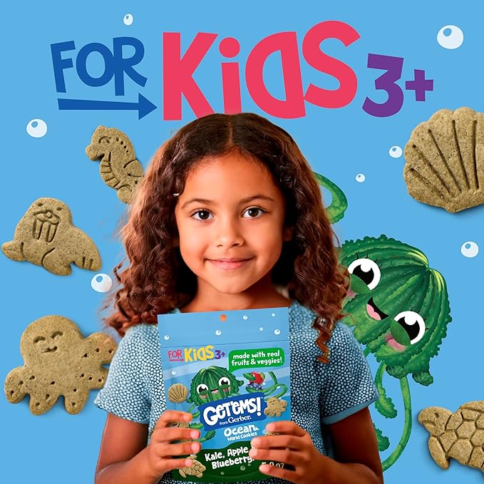 Get'ems! from Gerber, Snacks for Kids, Kale, Apple & Blueberry Ocean World Cookies, Made with Real Veggies & Fruits, Iron & Vitamin E - 4 pack