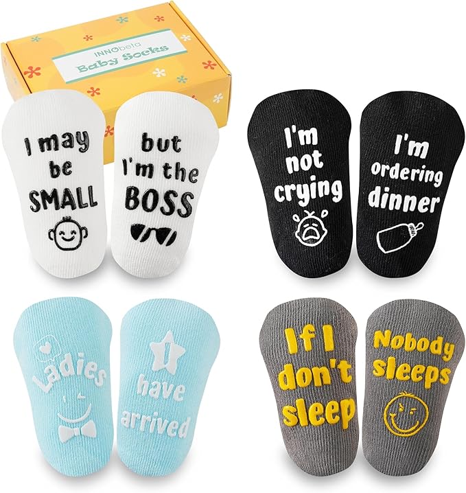 InnoBeta Baby Socks Set with Funny Quotes (4 Pairs) Newborn/Infant Socks for Baby Shower, Gender Reveal 3-12 Months