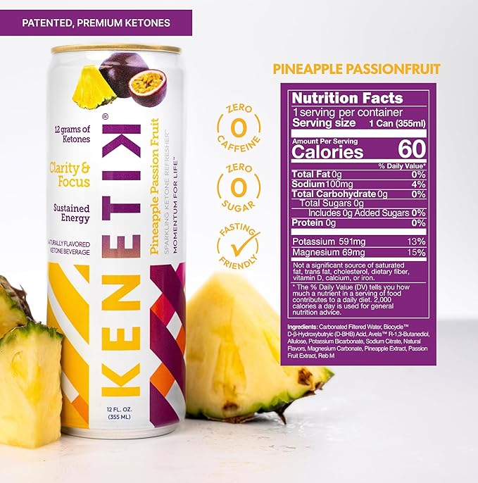 KENETIK Nootropic Ketone Drink, Ketones for Energy & Focus, Caffeine & Sugar Free, High Performance D-BHB Ketone Mix, Fuel w/Zero Crash or Jitters, Ready to Drink - Pineapple Passionfruit 12 Pk