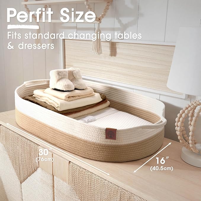 J&JOO Baby Changing Basket includes Diaper Caddy - Breathable & Waterproof Dual-Cover, Portable, Changing Pad for Dresser & Changing Table, Gift for Baby Shower (Brown & White, Diaper Caddy Set)