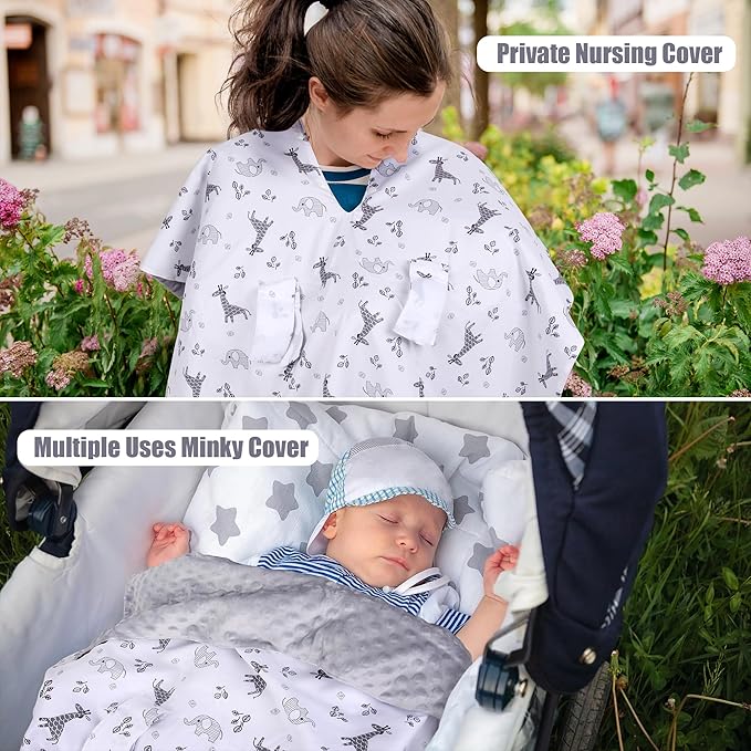 Metplus 2 in 1 Baby Car Seat Cover, Car Seat Canopy for Babies, Mom Nursing Cover, Minky Baby Carrier Covers, Newborn Boy Girl Shower Gift, Elephant Giraffe