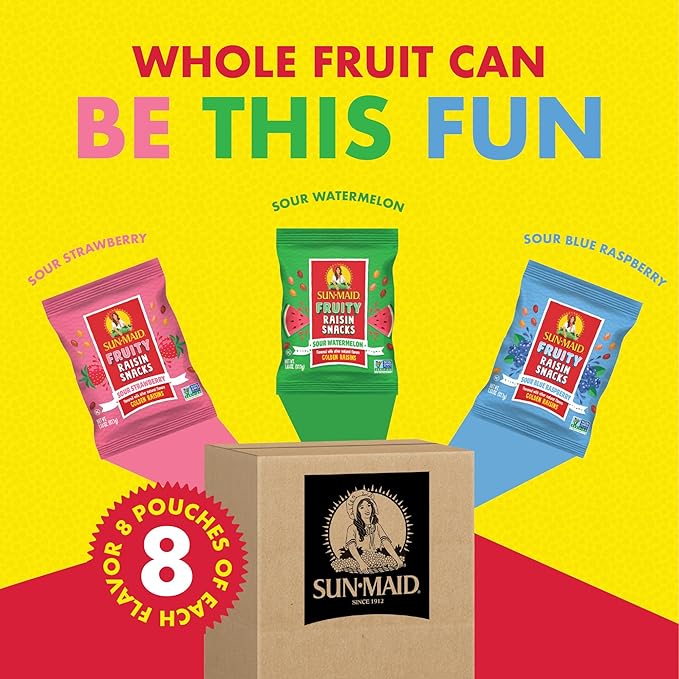 Sun-Maid Fruity Raisin Snack Variety Pack - Sour Strawberry, Watermelon & Blue Raspberry - (24 Pack) 1.33 oz Pouches - Tastes Like Sour Candy - Back To School Snacks