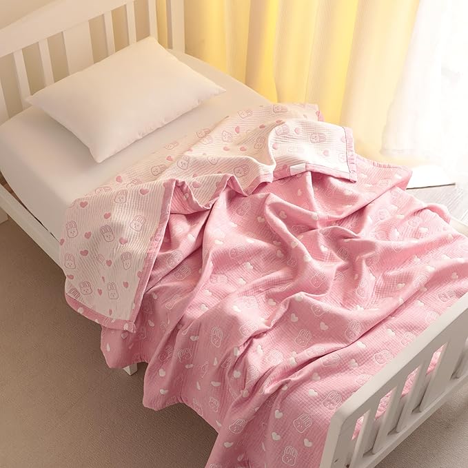 NTBAY 3 Layer Muslin Cotton Toddler Blanket, Jacquard Reversible Nursery Bed Blanket, Super Soft and Thermal for All Seasons, Decoration Gift, 30"x40", Pink Rabbit