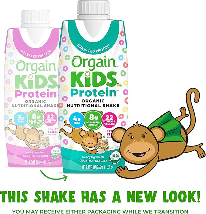 Orgain Organic Kids Nutritional Protein Shake, Fruity Cereal - Kids Snacks with 8g Dairy Protein, 22 Vitamins & Minerals, Fruits & Vegetables, Gluten Free, Soy Free, Non-GMO, 8.25 Fl Oz (Pack of 12)