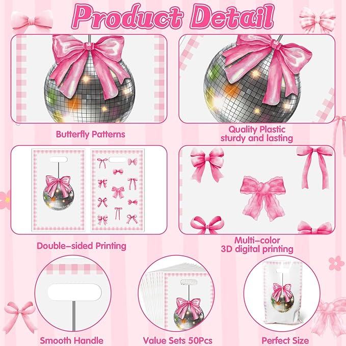 Pink Bow Party Favor Bags - 50Pcs Coquette Bow Themed Goody Candy Treat Gifts Bags, Trendy Preppy Pink Theme Party Decorations for Kids Girls Women Birthday Wedding Bridal Shower Bachelorette Supplies