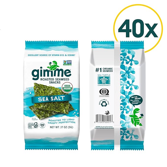 gimMe Organic Roasted Seaweed Sheets, Sea Salt, Keto, Vegan, Gluten Free, Great Source of Iodine and Omega 3’s, Healthy On-The-Go Snack for Kids & Adults, #1 Sea Salt, 0.17 Ounce (Pack of 40)
