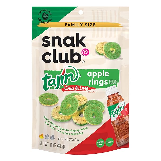 Snak Club Tajin Apple Rings Gummy Candy, Fruit Candy Gummies with Chili and Lime Seasoning, Mild, Gluten-Free and Vegan Snacks, 11 oz Resealable Bag