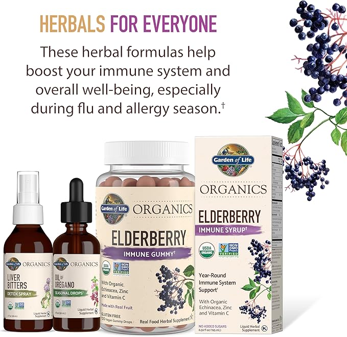 Garden of Life Organics Elderberry Gummies for Adults & Kids - Immune Support Supplement with Organic Fruit, Herbal Blend, Elderberry, Echinacea, Zinc, Vitamin C, 120 Vegan Gluten Free Gummies