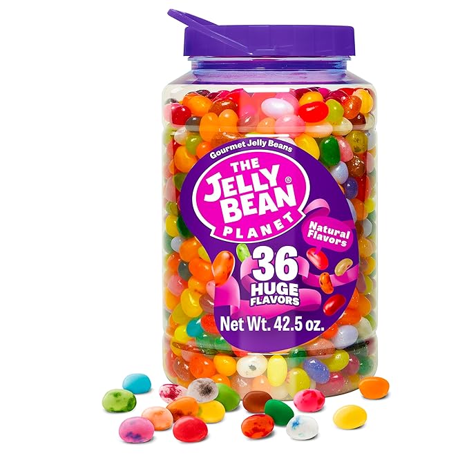 The Jelly Bean Planet, Gourmet Jelly Beans Gift 42.5 Oz Jar - 36 Huge Natural Fruit Flavors, Seasonal, Birthday, Kosher Candy, Plant Based Colors - Gluten Free, Fun Bulk Sweets Assortment