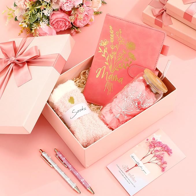 LemonRoad 6 Pcs New Mom Gifts, Pregnancy Gift for Expecting Mom, Baby Shower Favor for New Mommy After Birth, Aesthetic Flower Tumbler Notebook Pen Sock Dried Flower Greeting Card for Mommy(Pink)