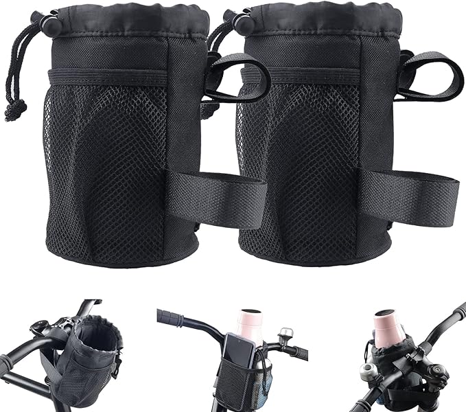 2 Pack Bike Cup Holder Bag Bicycle Handlebar Water Bottle Holder with Mesh Oxford Pocket Phone Drink Cup Holder for Mountain Bikes,Road Bikes,e-Bike,Kids Bikes,Wheelchairs,Cruisers, etc
