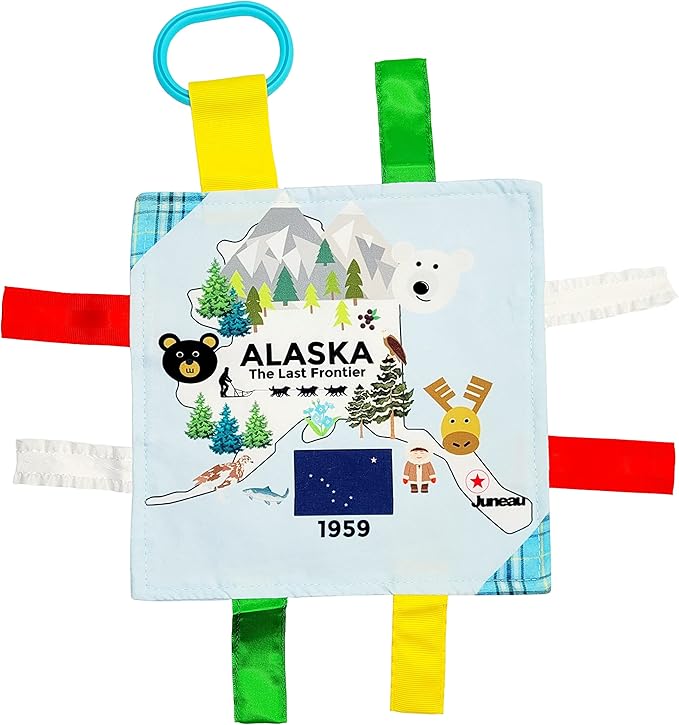 Baby Jack & Co 8x8” Learning Lovey Alaska State Tag Stroller Toy for Babies - Crinkle Toys for Developing Five Senses - Learn About Capitals - Travel with Baby Jack - BPA Free Clip