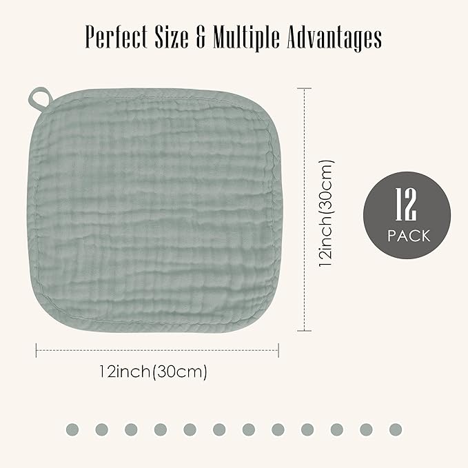 Baby Washcloths -100% Cotton Muslin Soft Baby Bath Wash Cloths and Absorbent Baby Wipes for Newborns Kids Girls and Boys - 12 Pack, 12x12 Inches - Green