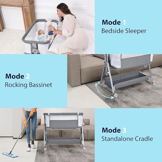3 in 1 Baby Bassinet Bedside Sleeper with Mattress and Wheels, 5 Height Adjustable Bed Side Bassinets for Newborn, Gray Rocking Bassinet for Baby