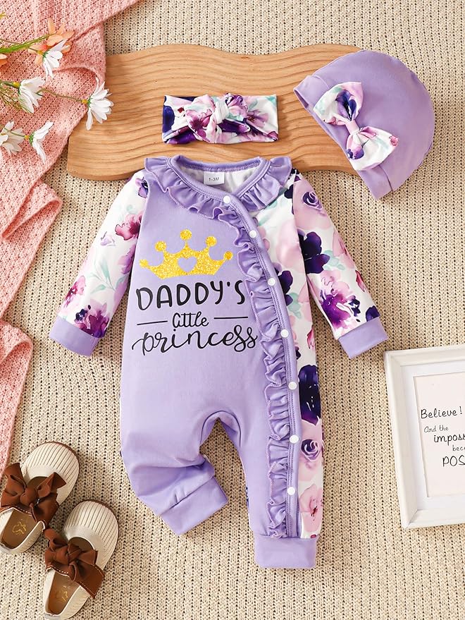 Preemie Newborn Baby Girl Clothes Infant Fall Winter Outfits Letter Floral One-Piece Romper+Jumpsuit