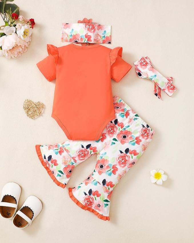SUNNY PIGGY Newborn Baby Girl Clothes Infant Outfits Romper Floral Fall Outfit Bell Bottoms Pant Sets Hat Headband Flowerpant