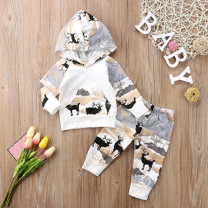 2Pcs Baby Boys Hoodie Tops Pants Set Dinosaur Deer Print Sweatsuit Fall Winter Outfits