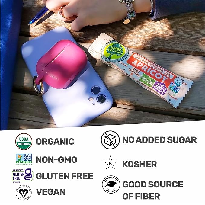 Happy Village Organic Fig & Nut Bar, APRICOT | Only 3 Ingredients, Gluten Free, No Added Sugar, Kosher, Non-GMO, Vegan, Good Source of Fiber | Organic Healthy Snack Bars (16 bars, 1.4 OZ each)