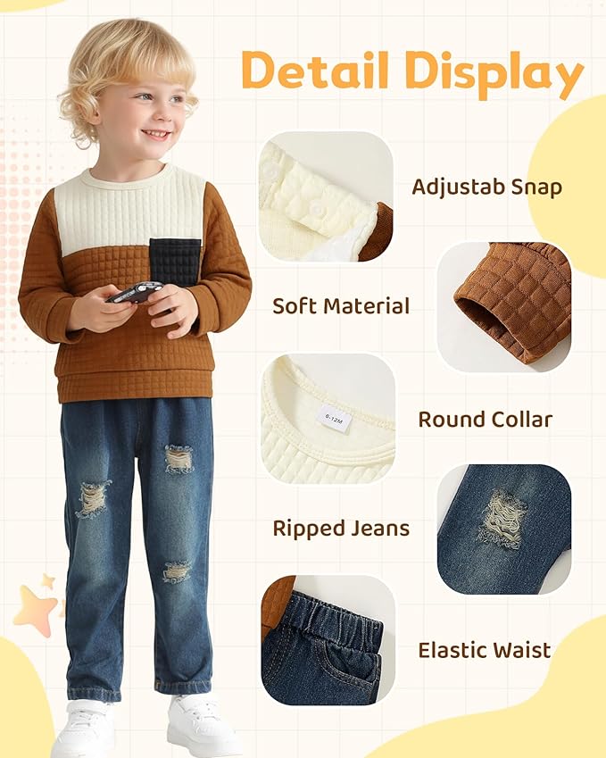 NZRVAWS Toddler Baby Boy Clothes Pullover Sweater Ripped Jean Sweatsuit Little Boy Outfit Fall Winter Clothing Set 6M-7T