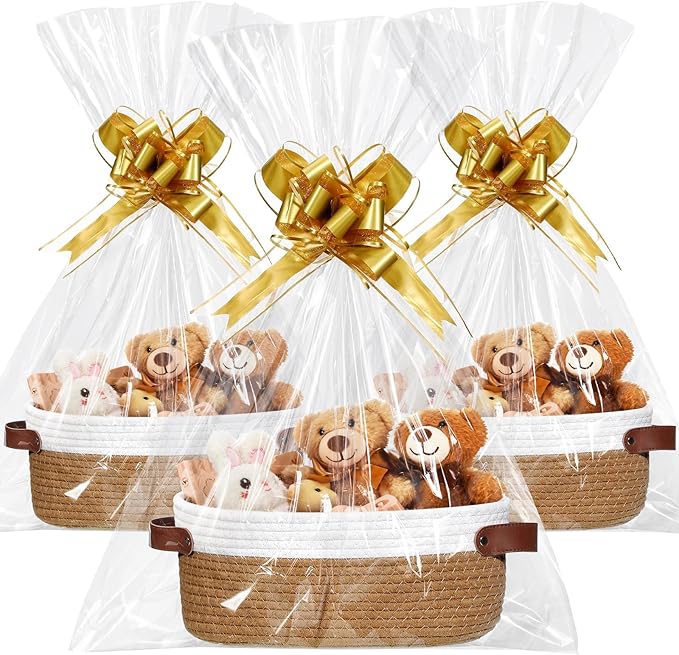 3 Pack Small Woven Basket for Gifts with Handles Clear Bags and Ribbons Empty Storage Basket Decorative Chest Box for Birthday Present Baby Shower Wedding(White and Dark Brown,12"x 8"x 5")