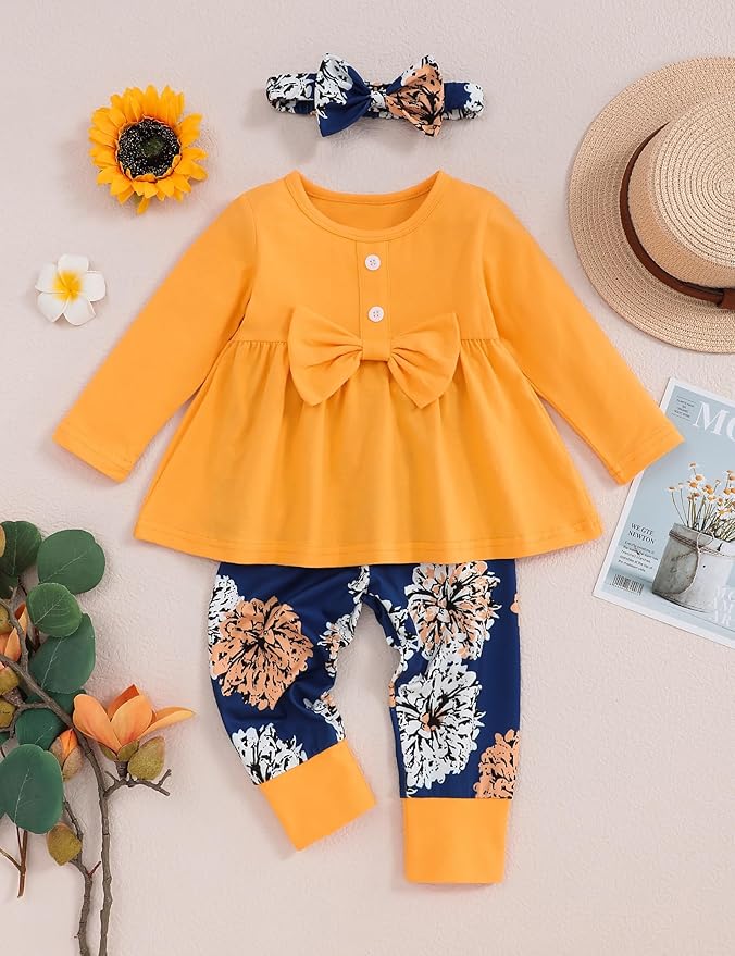 oklady Toddler Baby Girl Clothes Solid Color Ruffle Tops Floral Pants with Headband Fall Winter Cute Girl Outfits