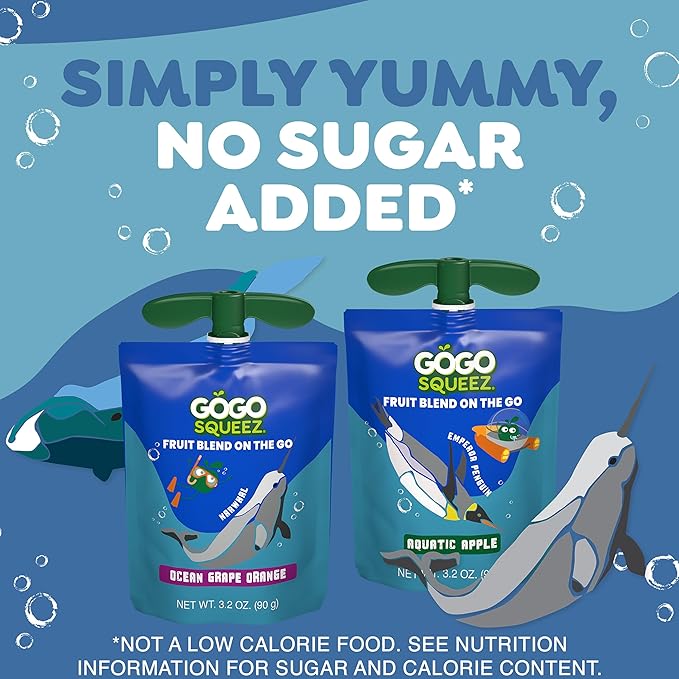 GoGo squeeZ Applesauce and Fruit Puree Underwater Species Discovery Pack, Aquatic Apple and Ocean Grape, 3.2 oz Pouches (Pack of 20), Unsweetened Snacks for Kids, BPA Free Pouches