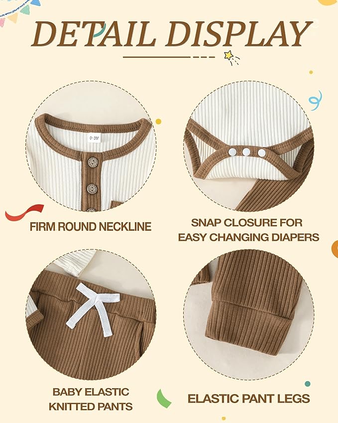 Newborn Baby Boy Girl Clothes Ribbed Knit Cotton Long Sleeve Romper Long Pant Preemie Solid Color Unisex Outfits