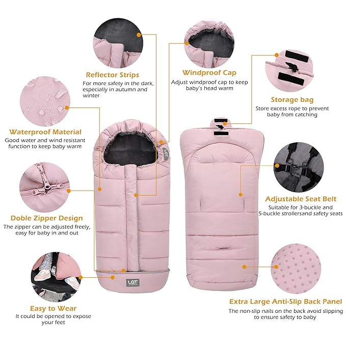LAT Baby Warm Bunting Bag Universal,Stroller Sleeping Bag Cold Weather,Waterproof Toddler Footmuff (Basic,Pink)