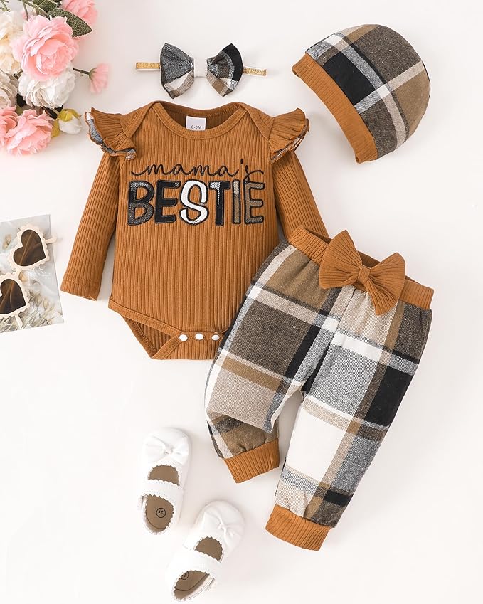 SUNNY PIGGY Baby Girl Clothes Newborn Outfits Infant Ruffle Romper 0-18M Fall Winter Flower Plaid Pants Clothing Set