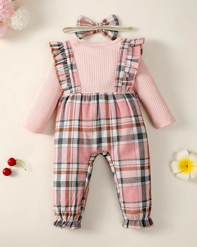 Newborn Infant Baby Girl Clothes Fall Winter Plaid Long Sleeve Jumpsuit One Piece Romper Bodysuit Baby Overalls Outfits