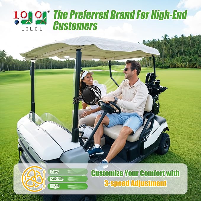 10L0L Golf Cart Fan - Universal Mount, 8000mAh Battery, 3-Speed Fan, LED Light, 56-Hour Runtime, Reverse Charging Function for Yamaha EZGO Club Car Golf Cart, Black