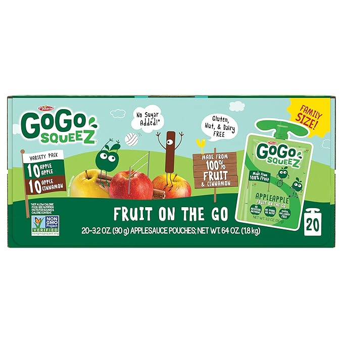 GoGo squeeZ Applesauce and Fruit Puree Variety Pack, Apple & Cinnamon, 3.2 oz (Pack of 20), Unsweetened Fruit Snacks for Kids, Gluten Free, Nut Free and Dairy Free, BPA Free Pouches