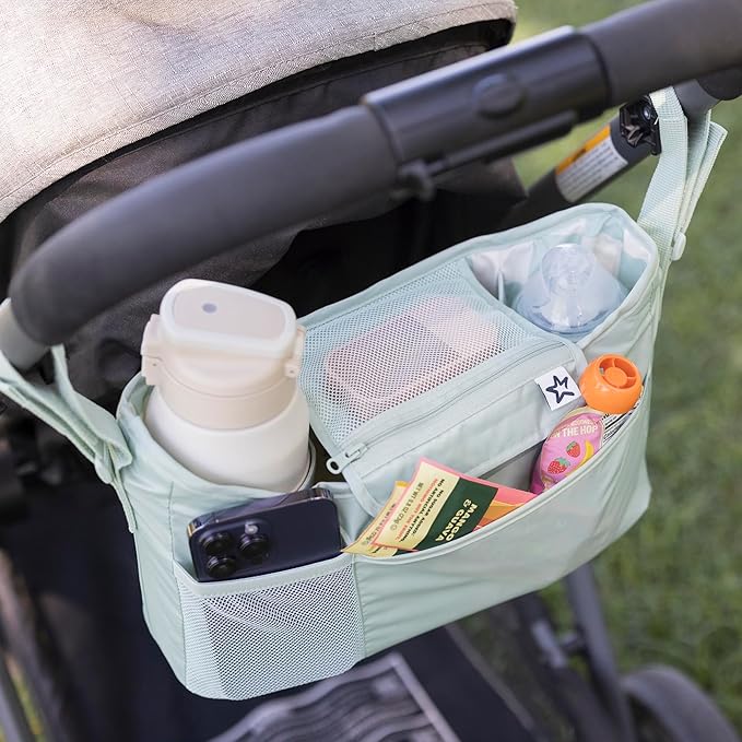 Tiny Twinkle Universal Stroller Organizer with Adjustable Strap - Waterproof Caddy Fits Baby Jogger, Nuna, Graco, Donna and Bugaboo Stroller | Sage Checkers