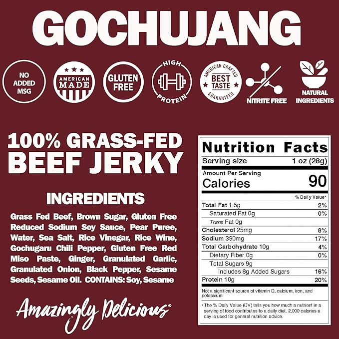 Field Trip Grass Fed Beef Jerky, Healthy Gluten Free Snacks, All Natural, Paleo-Friendly Beef Jerky, High Protein, Low Carb Snack with No Nitrates, 1oz Bag, 12 Pack, Gochujang Korean BBQ